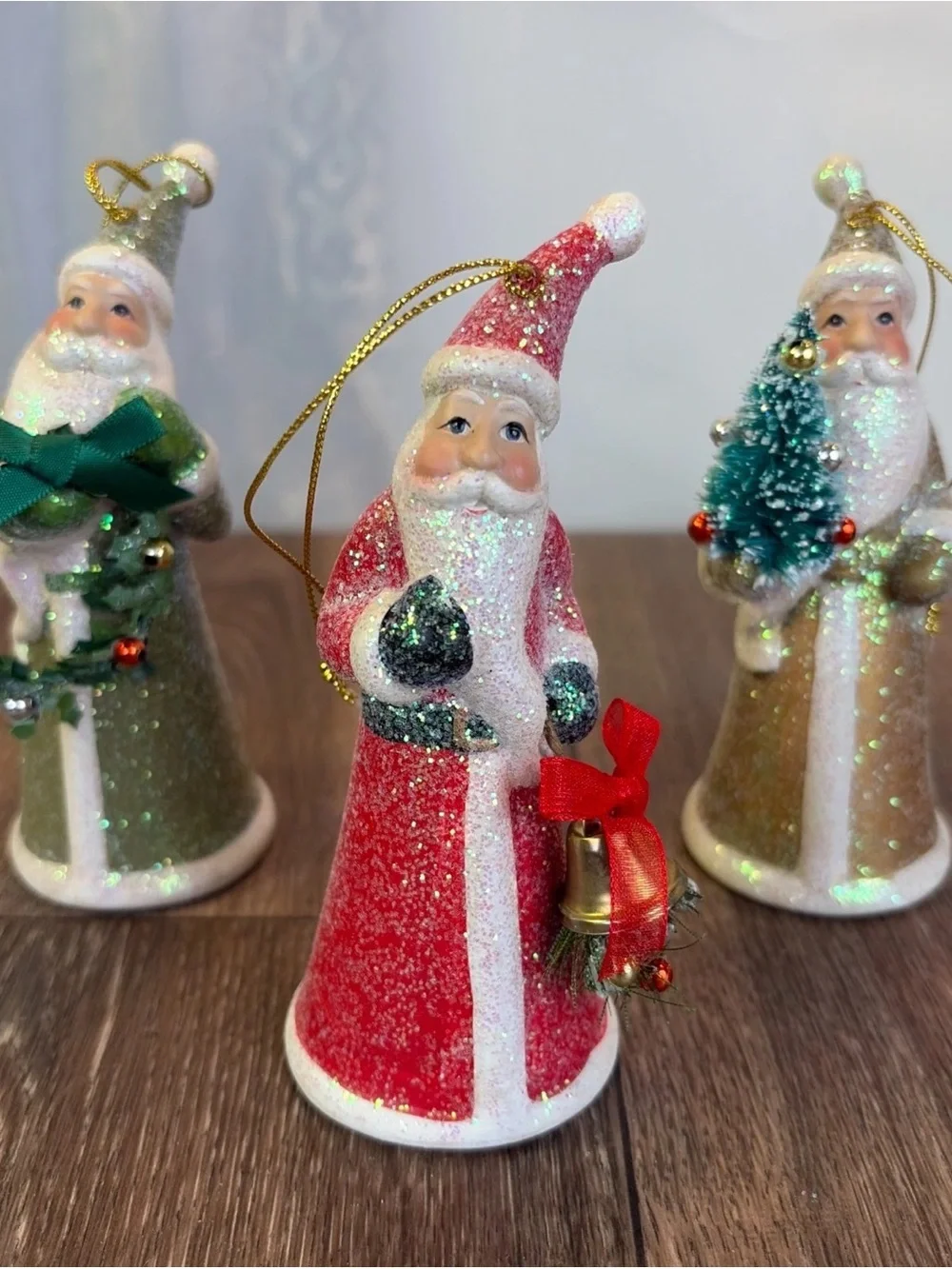 Lot of 3 Ceramic Santa Ornaments Shelf Sitters Red White Gold Glitter Sparkles